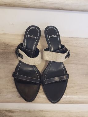 Made In Italy Ballin Black Leather and Beige Fabric Heel Slide Sandals VTG 90'
